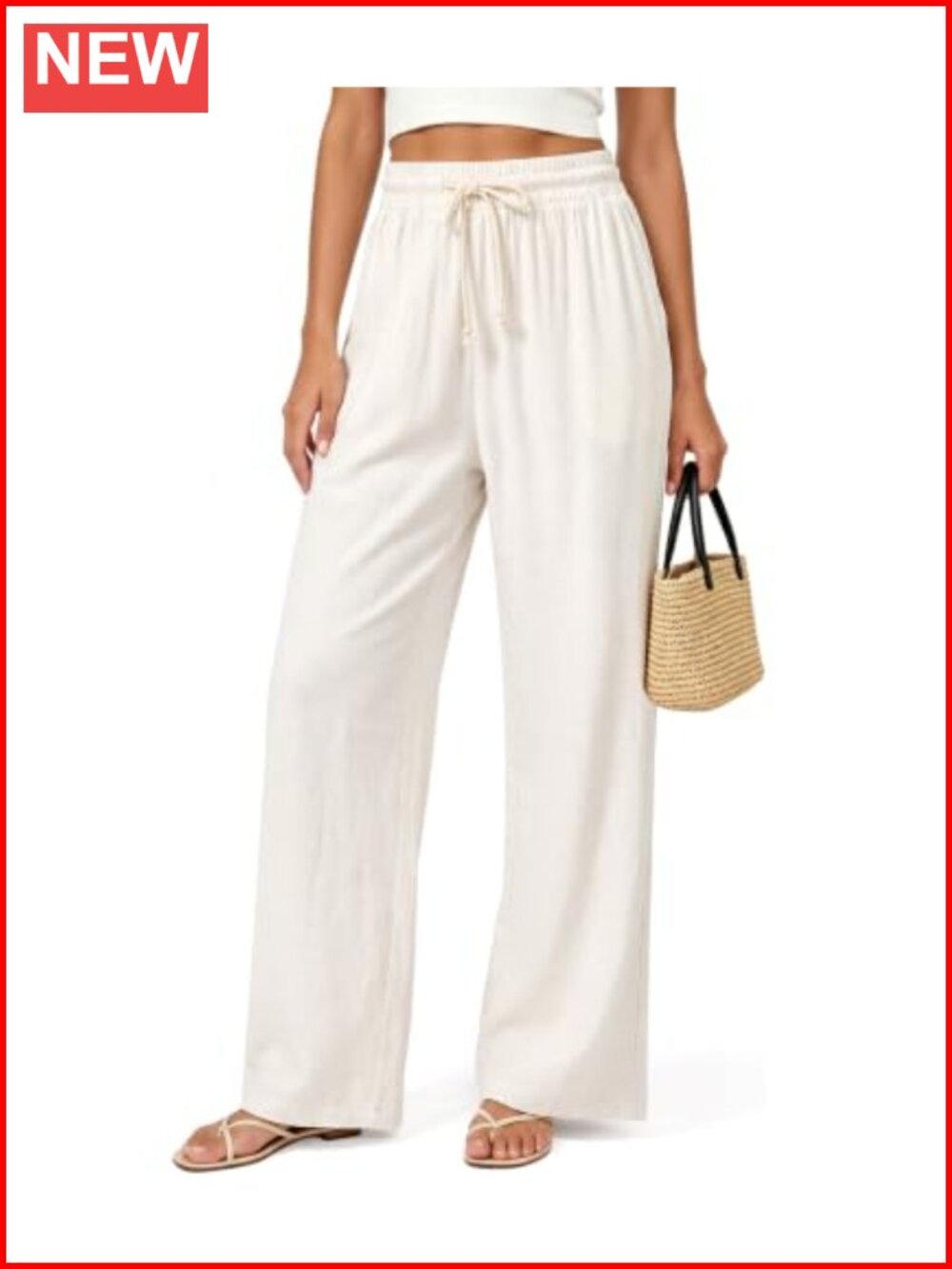 Linen Wide Leg Drawstring Pants with Pockets - Picture 1 of 6